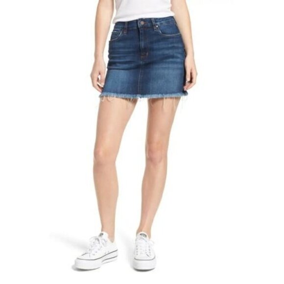 BP Denim Blue Medium Wash‎ Cotton Blend A Line Raw Hem Mini Skirt Size 28 - Picture 1 of 11